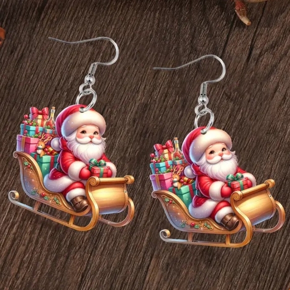 NEW Acrylic Santa Claus On Sleigh Dangle Earrings - Picture 4 of 9